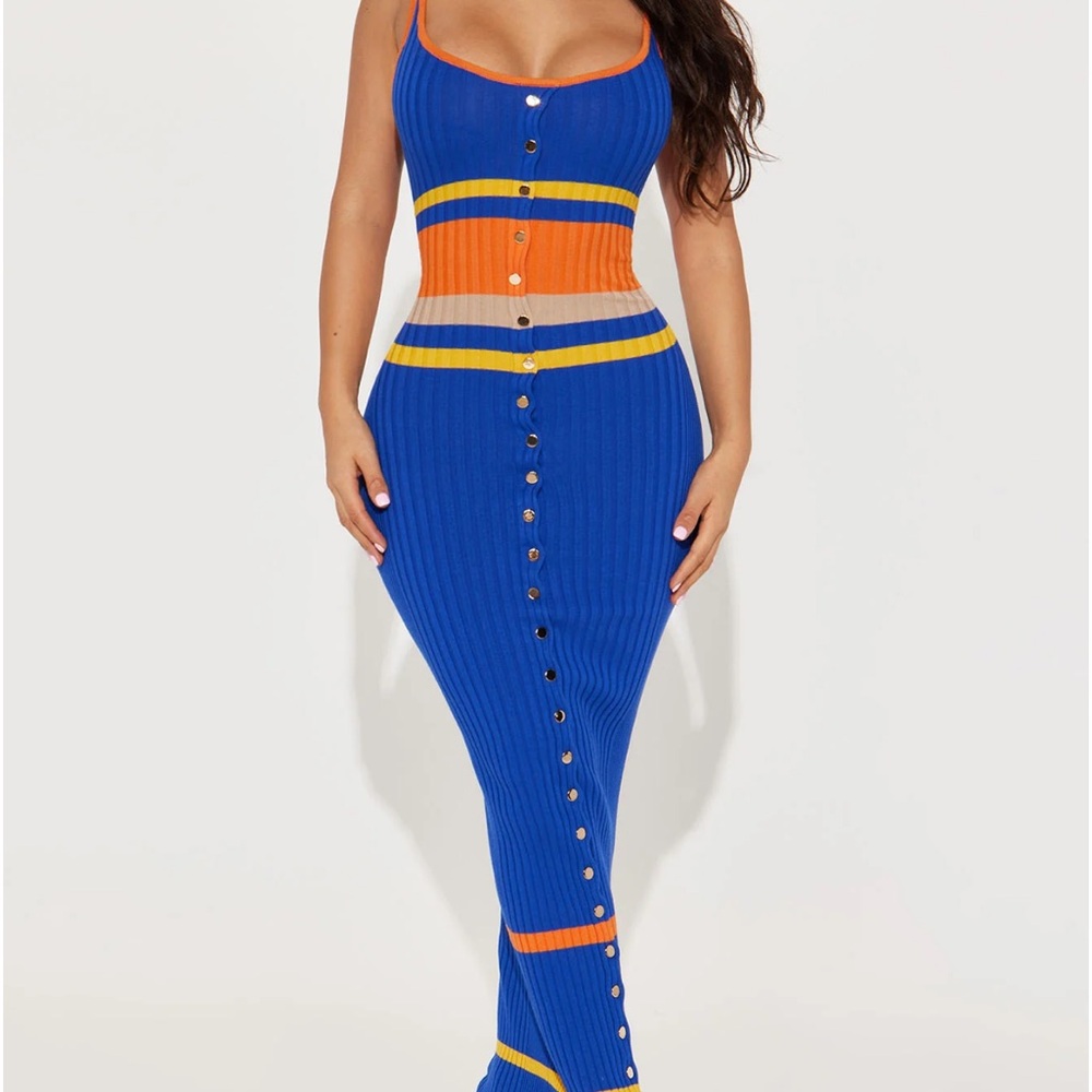 Fashion Nova Blue Orange Colorblock Stripe Maxi Dress